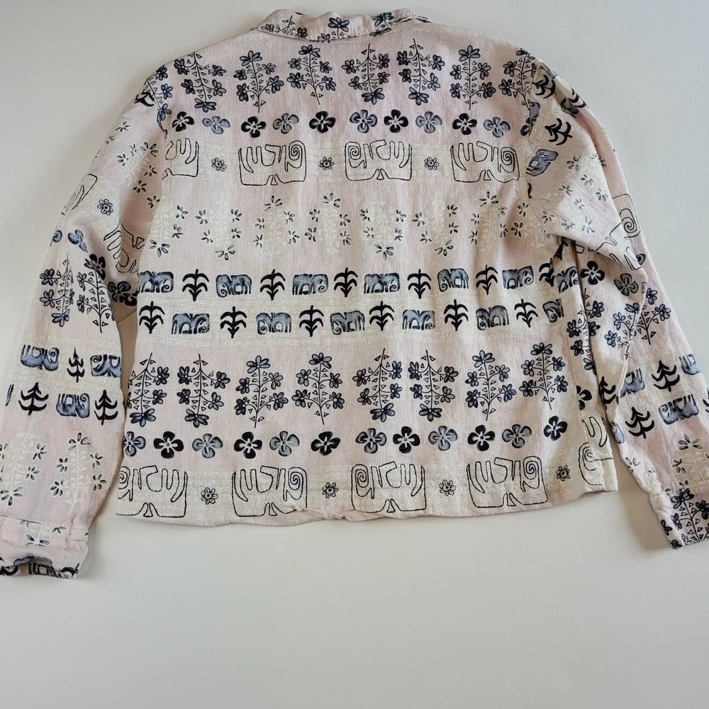 Garson Linen Pant Suit Set Size XS Blue and Cream Elastic Waist Button Top VTG - Picture 2 of 13